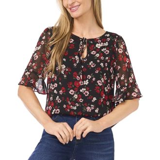 CeCe by Cynthia Steffe Top Womens Multicolor Floral Tie Neck Ruffle Cuff Blouse GBO3644