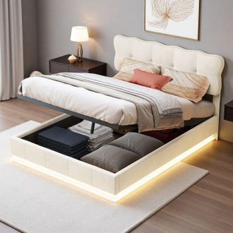 OEM Cama Lit - 140x190 Cm - Terciopelo Beige - Led Regulable 7 Colores - Mecanismo Hidr&aacute;ulico