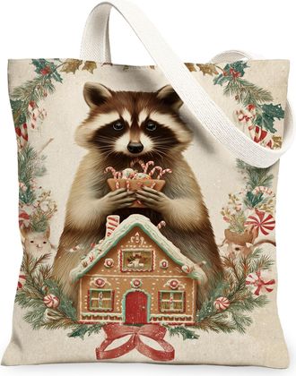 Generic Christmas Raccoon Canvas Tote Bags, Cute Animal Gingerbread Pattern Reusable Grocery Bags, Holiday Vintage Lightweight Wash, Beige, 13x15 Inch