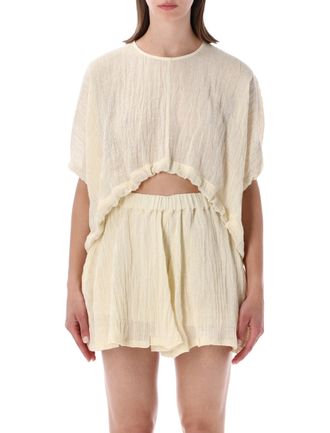 120% Lino Camicia Textured Ruffle Crop Top