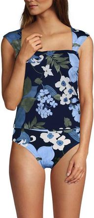 Lands End Womens Square Neck Underwire Square Back Tankini Swimsuit Top in Deep Sea Navy Lilies at Nordstrom, Size 4