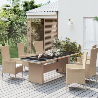 vidaXL Mesa De Jard&iacute;n Rat&aacute;n Beige Y Superficie De Vidrio Templado Vidaxl