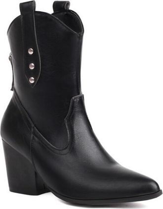 Generic Womens High Heeled Short Boots with Rivet Pointed Toe Western Cowboy Boot PU Leather Cowgirl Boots with Zipper,Black,6.5 UK