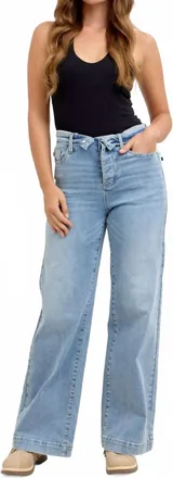 Judy Blue Mid Rise Retro Fold-Over Waistband Wide Leg Jeans In Blue