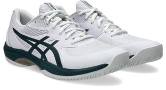 Asics Tennisschuh ASICS GAME FF, Herren, Gr. 48, weiss (wei&szlig;, saxon gr&uuml;n), Synthetik, Textil, Schuhe Tennisschuh, Multicourt-Schuh, Allcourt-Schuh