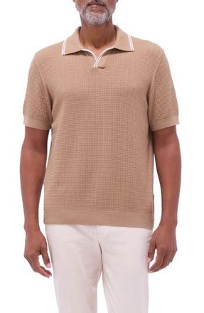 Bugatchi Tipped Johnny Collar Short Sleeve Sweater in Camel at Nordstrom Rack, Size Large