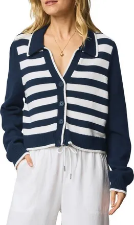 Splendid Nicolette Placed Stripe Cotton Polo Cardigan in Navy Blue/White at Nordstrom, Size X-Large