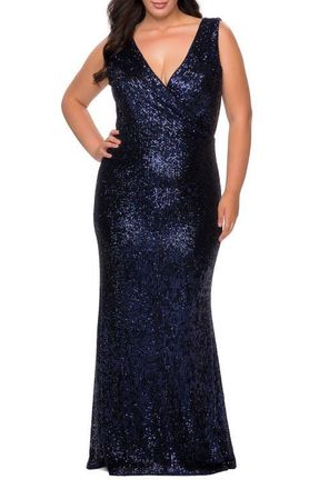 La Femme Long Sequin Plus Size Gown with V-Neck in Navy at Nordstrom, Size 12W