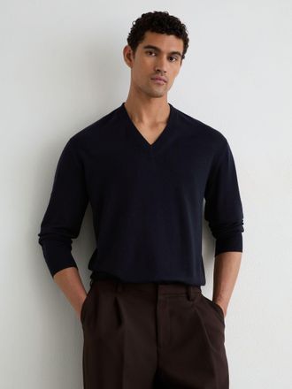 Reiss Navy Merino Wool V-neck Jumper, Xxl