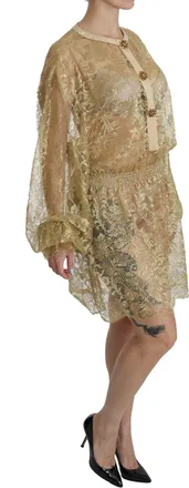 Dolce & Gabbana Gold Lace See Through A-Line Knee Length Womens Dress