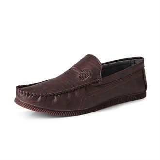 Generic Mens Loafers PU Round Toe Stitching Details Slip Resistant Anti-Slip Lightweight Driving Prom Slip-on(Brown,6.5 UK)