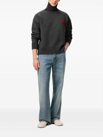 Ami Grey Funell Neck Wool Sweater With Ami De Coeur