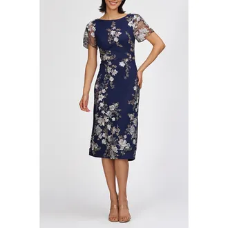 JS Collections Esmerelda Embroidered Cocktail Midi Dress in Navy at Nordstrom Rack, Size 6