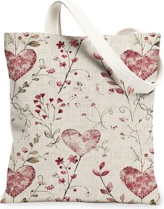Generic Heart Floral Canvas Tote Bags, Vintage Flower Print Reusable Grocery Bags, Rustic Lightweight Washable Shoulder Strap, Beige, 13x15 Inch