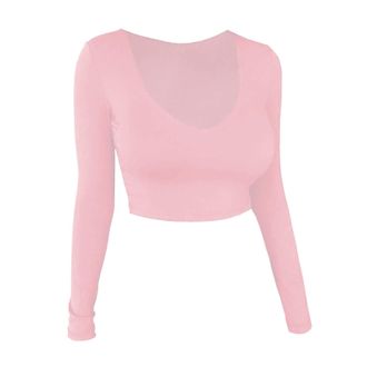 Generic Womens Stripes Shirt Womens Spring and Autumn Leisure Sexy Solid Color Large Neckline U Neck Long Sleeve Short Open Umbilical Top Womens Mock Neck Top