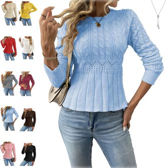 Generic Womens Chunky Knit Crew Neck Long Sleeve Knit Top, Peplum Sweaters Crew Neck, Knits Pullover Sweater Jumper Tops (Blue,l)