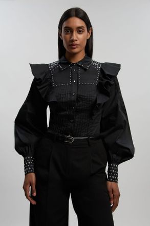 Karen Millen Womens Cotton Sateen Drama Sleeve Studded Woven Maxi Shirt - Black - Size 16 UK