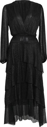 Maje Tiered Metallic Knitted Midi Dress in Black Polyester