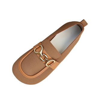 Generic Brown Womens Casual Fashion Round Toe Shallow Mouth Shoes Metal Buckle Low Heel Comfortable Flat Design for Versatile Wear
