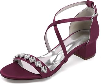 Generic Womens Peep Toe Chunky Ankle Strap Wedding Bridal Shoes Low Block Heels Sandals Crystal Wedding Dress Shoes 4.5Cm,Burgundy,10 UK