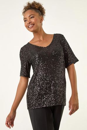 Roman Sequin Embellished V-Neck Top