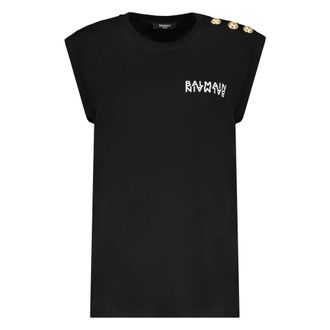Balmain Sleeveless Tops, female, Black, Size: XS Cotton T-shirt with logo print