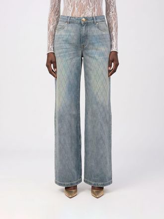 Balmain Jeans wide leg a vita alta in denim di cotone con motivo a rombi