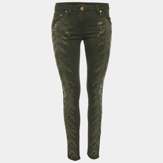 Roberto Cavalli Green Denim Rhinestone Skinny Jeans S/waist