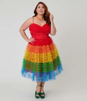 Unique Vintage Plus Size Tulle Sweetheart Cupcake Swing Dress in Red Rainbow Stripe at Nordstrom, Size 1X