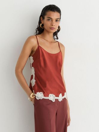 Reiss Rust Orange Satin Floral-lace Trim Cami Top, 16