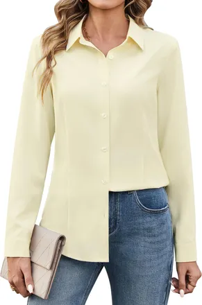 Zeagoo Womens Shirt Business Office Blouses Long Sleeve Regular Fit Shirts Plain Work Tops Stretch Button Down Shirts for Ladies Ivory XL