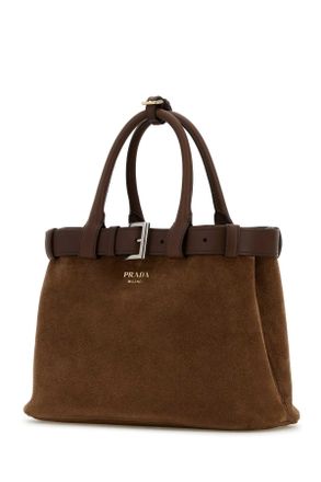 Prada Womens Brown Suede Prada Buckle Medium Handbag Cacao Vitello Borse A Mano Bag