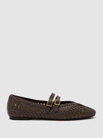 Reiss Chocolate Raffia Leather-strap Ballerina Flats, X11
