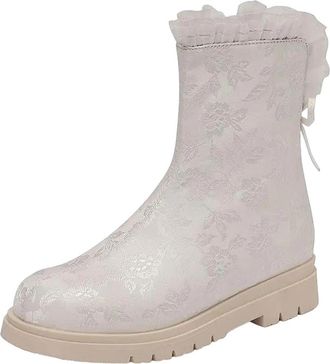 Generic Womens Mid Calf Boots Round Toe Med Thick Heel With Side Zipper And A Delicate Floral Butterfly-Knot Detail
