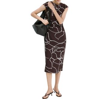 Mango Print Ruched Midi Dress in Brown at Nordstrom, Size 10