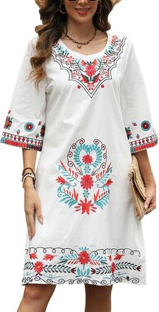 JD Williams Womens Bohemian Embroidered Dress Hippy Vintage Floral 3/4 Sleeve Round Neck Mexican Fancy Dress(787,White-S)