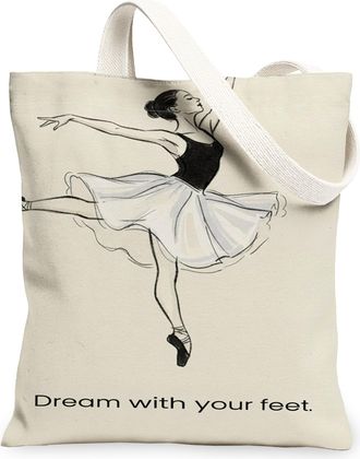 Generic Ballet Canvas Tote Bags, Ballerina Art Print Reusable Grocery Bags, Spring Minimalistic Lightweight Washable Shoulder Strap, Beige, 13x15 Inch