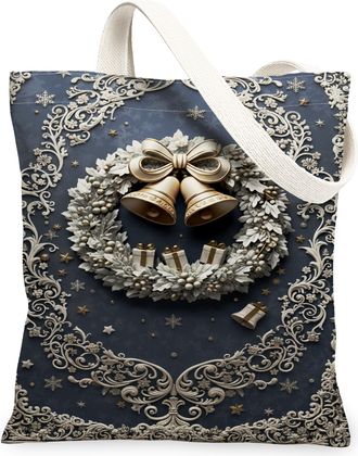 Generic Christmas Wreath Canvas Tote Bags, Bells Floral Pattern Reusable Grocery Bags, Winter Vintage Lightweight Washable Shoulder, Blue, 13x15 Inch