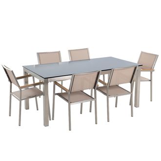 Beliani Conjunto De Comedor De Jard&iacute;n Beige Con Mesa 180 X 90 Cm De Vidrio Negro 6 Sillas Grosseto