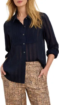 Nic+Zoe Chiffon Jacquard Tuxedo Shirt in Dark Indigo at Nordstrom, Size Xx-Large