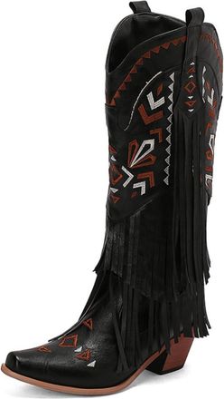 Generic Womens Square Pointy Toe Knee High Boots Block Heel Tassel Boots Pull on Long Boot with Embroidery Stitched,Black,5.5 UK