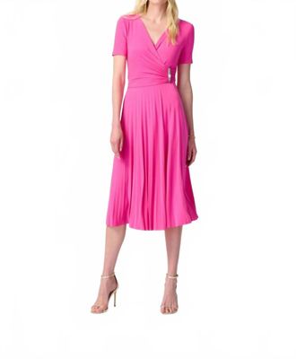Joseph Ribkoff Pleated Faux Wrap Short Sleeves Fit And Flare Dress In Ultra Pink