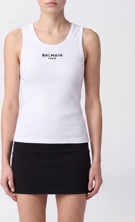 Balmain Top smanicato in cotone con logo a contrasto e vestibilit&agrave; slim