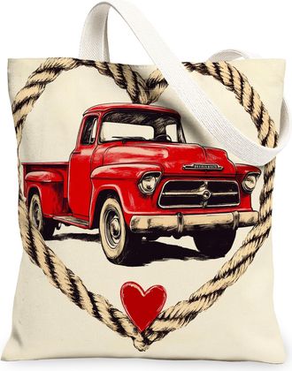 Generic Vintage Red Truck Canvas Tote Bags, Rustic Heart Design Reusable Grocery Bags, Lightweight Washable Shoulder Strap Canvas for Travel Beach Picnic 13x1