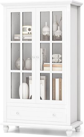 Costway Costway - Vitrinas Para Salon, Libreria Con Puertas De Vidrio Templado, 3 Estantes Ajustables, 1 Caj&oacute;n, Aparador Salon Cocina Oficina, Blanco, 80 X 40