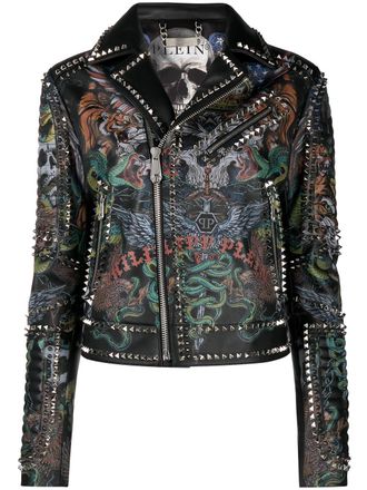 Philipp Plein Tattoo-print biker jacket - Black