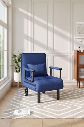 H&O Direct Foldable Blue Lounge & Sofa Bed with 2 Wheels in Dark Blue