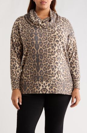 Loveappella Leopard Print Hacci Knit Cowl Neck Tunic in Taupe/Brown at Nordstrom, Size 2 X