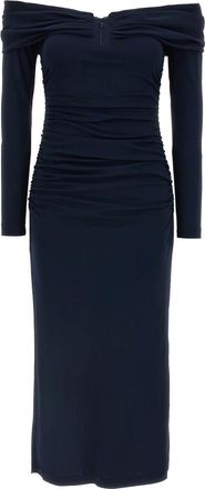 Carolina Herrera Kleedjes, Dames, Blauw, L, Off-Shoulder 3/4 SLV Ruched Midi Jurk