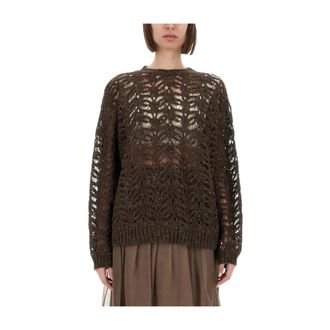 Brunello Cucinelli Trui met pailletten - Dames - Truien - Bruin - Maat: L Linnen